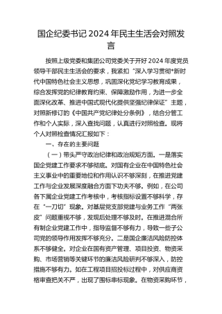 国企公司纪委书记2024年民主生活会对照检查3900字（四个带头）
