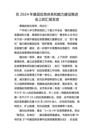 在基层应急体系和能力建设推进会上的汇报发言