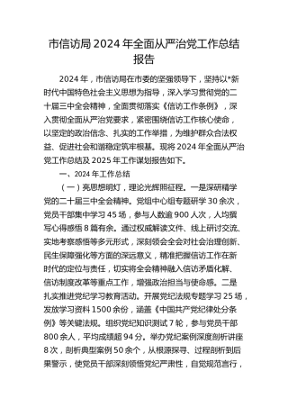 市信访局2024年全面从严治党工作总结报告