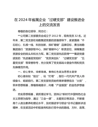 在省属企业“过硬支部”建设推进会上的交流发言
