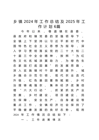 乡镇2024年工作总结及2025年工作计划6篇