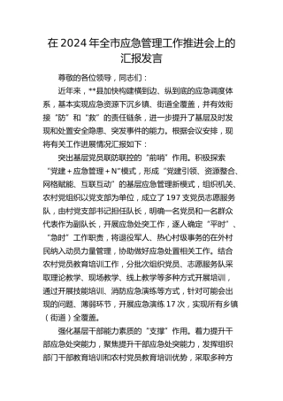 在全市应急管理工作推进会上的汇报发言