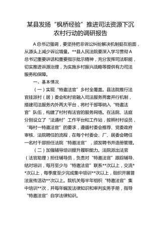 县发扬“枫桥经验”推进司法资源下沉农村行动的调研报告