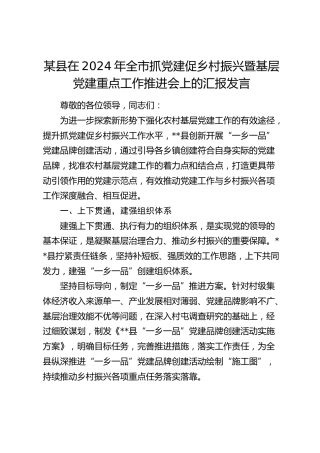 县在全市抓党建促乡村振兴暨基层党建重点工作推进会上的汇报发言