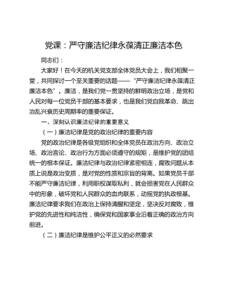 党课：严守廉洁纪律 永葆清正廉洁本色