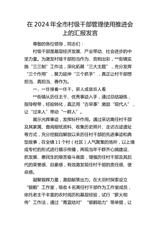 在全市村级干部管理使用推进会上的汇报发言
