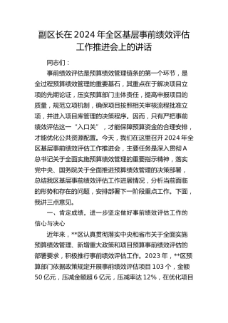 副区长在全区基层事前绩效评估工作推进会上的讲话
