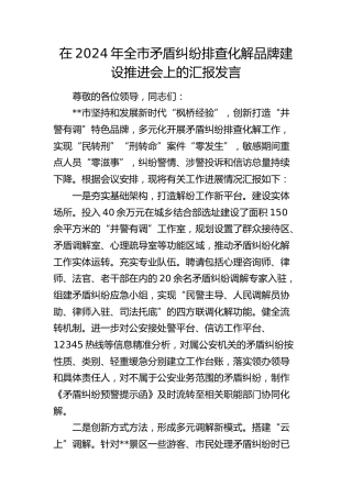 在全市矛盾纠纷排查化解品牌建设推进会上的汇报发言