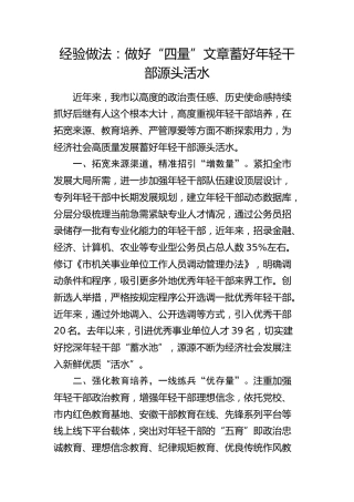 经验做法：做好“四量”文章 蓄好年轻干部源头活水（发言）
