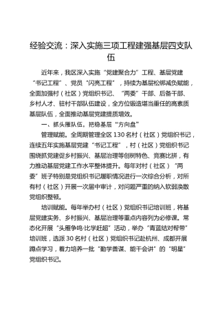 经验交流：深入实施三项工程 建强基层四支队伍（发言）