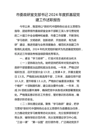 政研室支部书记2024年度抓党建工作述职报告3700字