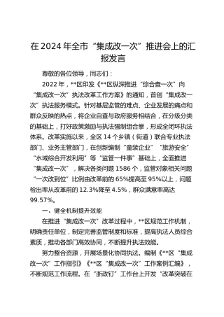 在全市“集成改一次”推进会上的汇报发言