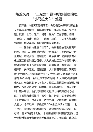 经验交流：“三聚焦”推动破解基层治理“小马拉大车”难题（发言）