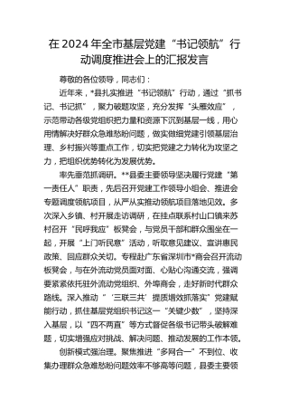 全市基层党建“书记领航”行动调度推进会上的汇报发言