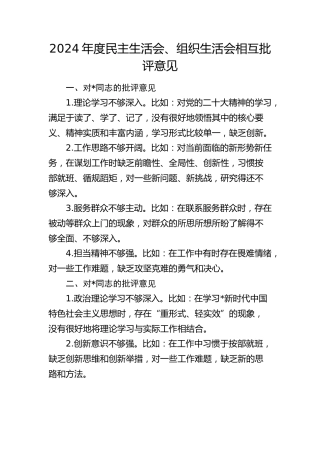 民主生活会、组织生活会相互批评意见4000字
