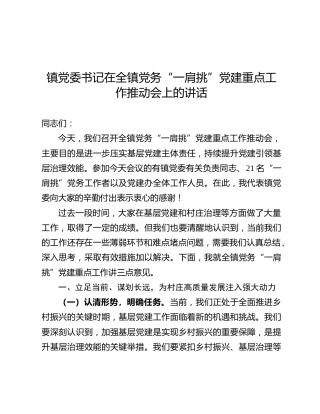 乡镇党务 “一肩挑” 党建重点工作推动会上的讲话
