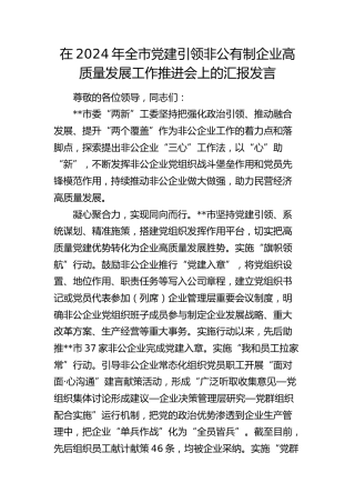 全市党建引领非公有制企业高质量发展工作推进会上的汇报发言