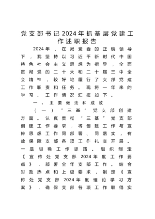 党支部书记2024年抓基层党建工作述职报告2900字