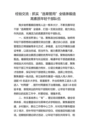 经验交流：抓实“选育管用”全链条 锻造高素质年轻干部队伍（发言）