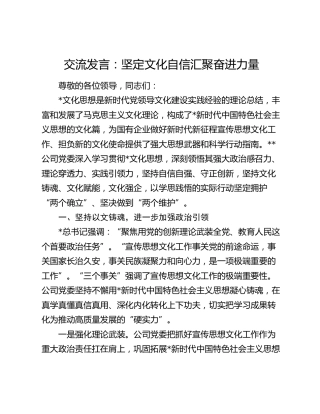 交流发言：坚定文化自信   汇聚奋进力量