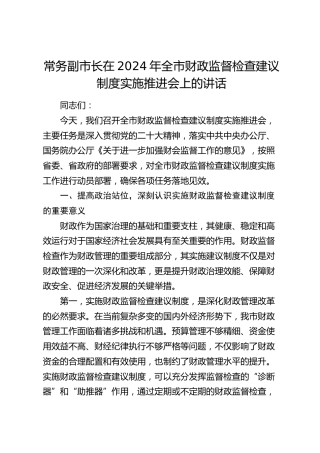 常务副市长在全市财政监督检查建议制度实施推进会上的讲话