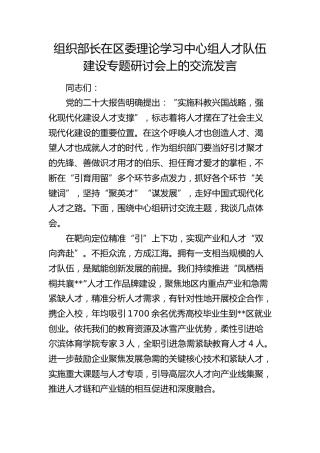 组织部长中心组人才队伍建设专题研讨会上的交流发言