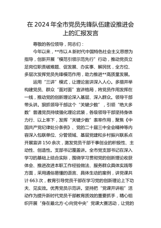 在全市党员先锋队伍建设推进会上的汇报发言