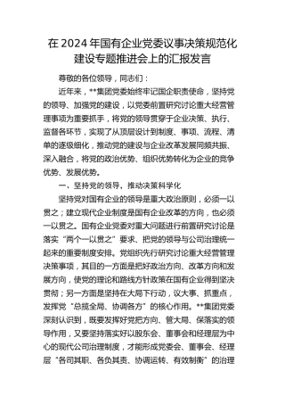 在2024年国有企业党委议事决策规范化建设专题推进会上的汇报发言（公司）