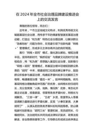 在全市社会治理品牌建设推进会上的交流发言
