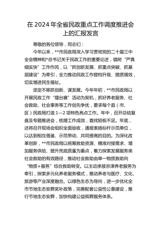 全省民政重点工作调度推进会上的汇报发言