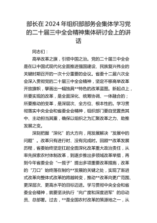 组织部部务会集体学习二十届三中全会精神集体研讨会上的讲话