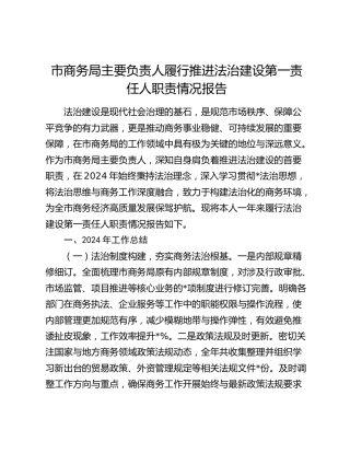市商务局履行推进法治建设第一责任人职责情况报告（6500字述法）