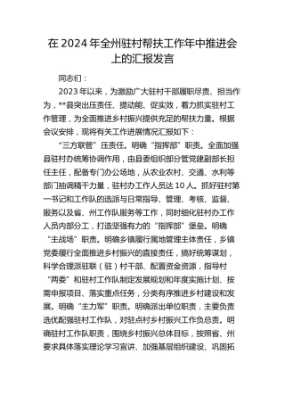 在全州驻村帮扶工作年中推进会上的汇报发言