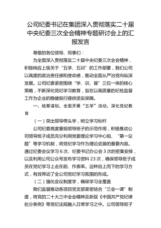 公司纪委书记在深入贯彻落实二十届中央纪委三次全会精神专题研讨会上的汇报发言
