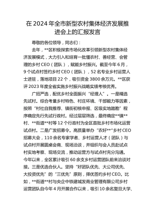 在全市新型农村集体经济发展推进会上的汇报发言