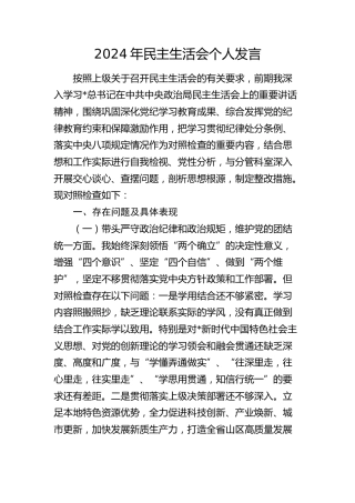 2024年民主生活会个人对照检查3500字（四个带头+上年度整改）