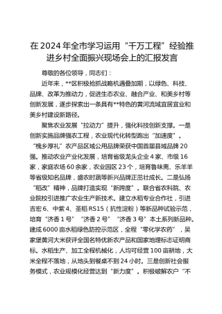 在全市学习运用“千万工程”经验推进乡村全面振兴现场会上的汇报发言