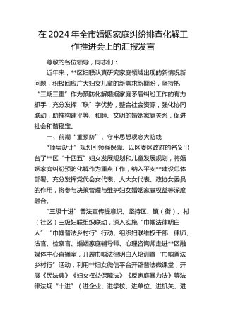 在全市婚姻家庭纠纷排查化解工作推进会上的汇报发言