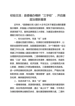 经验交流：县委编办精研“三字经”，开启基层治理新篇章（发言）