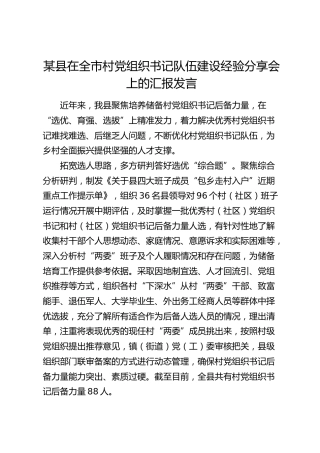 县在全市村党组织书记队伍建设经验分享会上的汇报发言