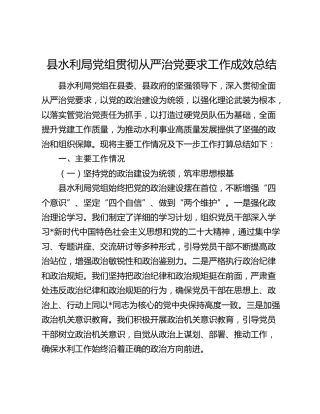 县水利局贯彻从严治党要求工作成效总结及下步计划3700字