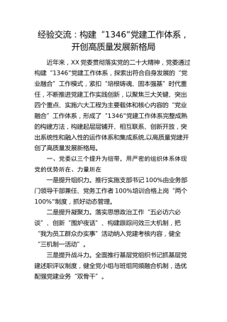 经验交流：构建“1346”党建工作体系，开创高质量发展新格局（发言）