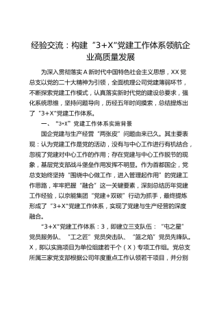 经验交流：构建“3+X”党建工作体系 领航企业高质量发展（发言）