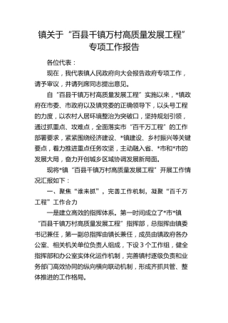 乡镇“百县千镇万村高质量发展工程”专项工作报告（6600字总结）