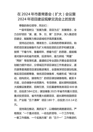 在市委常委会（扩大）会议暨项目建设观摩交流会上的发言