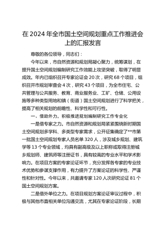 在全市国土空间规划重点工作推进会上的汇报发言