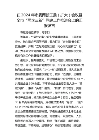 在市委两新工委（扩大）会议暨全市“两企三新”党建工作推进会上的汇报发言