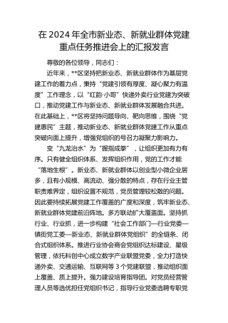 在全市新业态、新就业群体党建重点任务推进会上的汇报发言