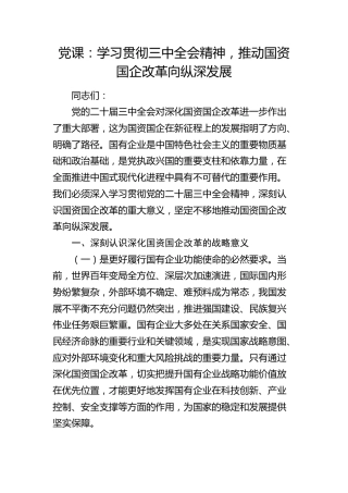 党课：学习贯彻党的二十届三中全会精神，推动国资国企改革向纵深发展