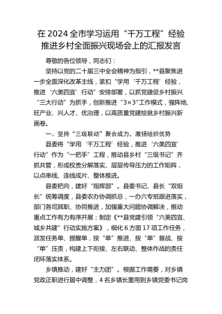 全市学习运用“千万工程”经验推进乡村全面振兴现场会上的汇报发言